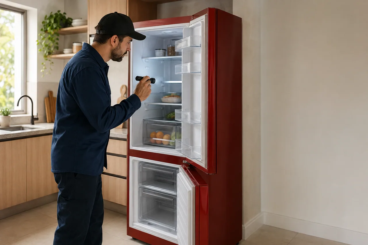 Técnico observando o interior de uma geladeira de duas portas aberta