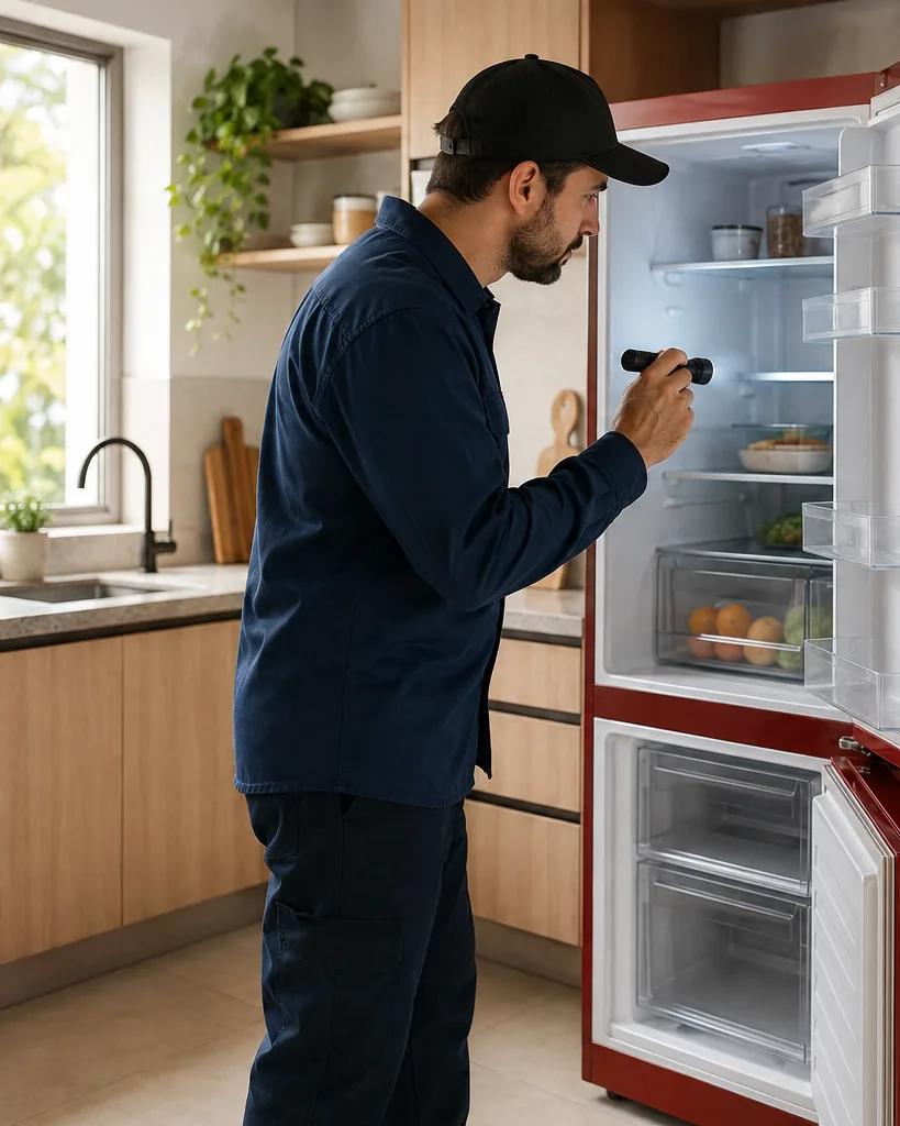 Técnico com lanterna inspecionando o interior de uma geladeira de duas portas aberta